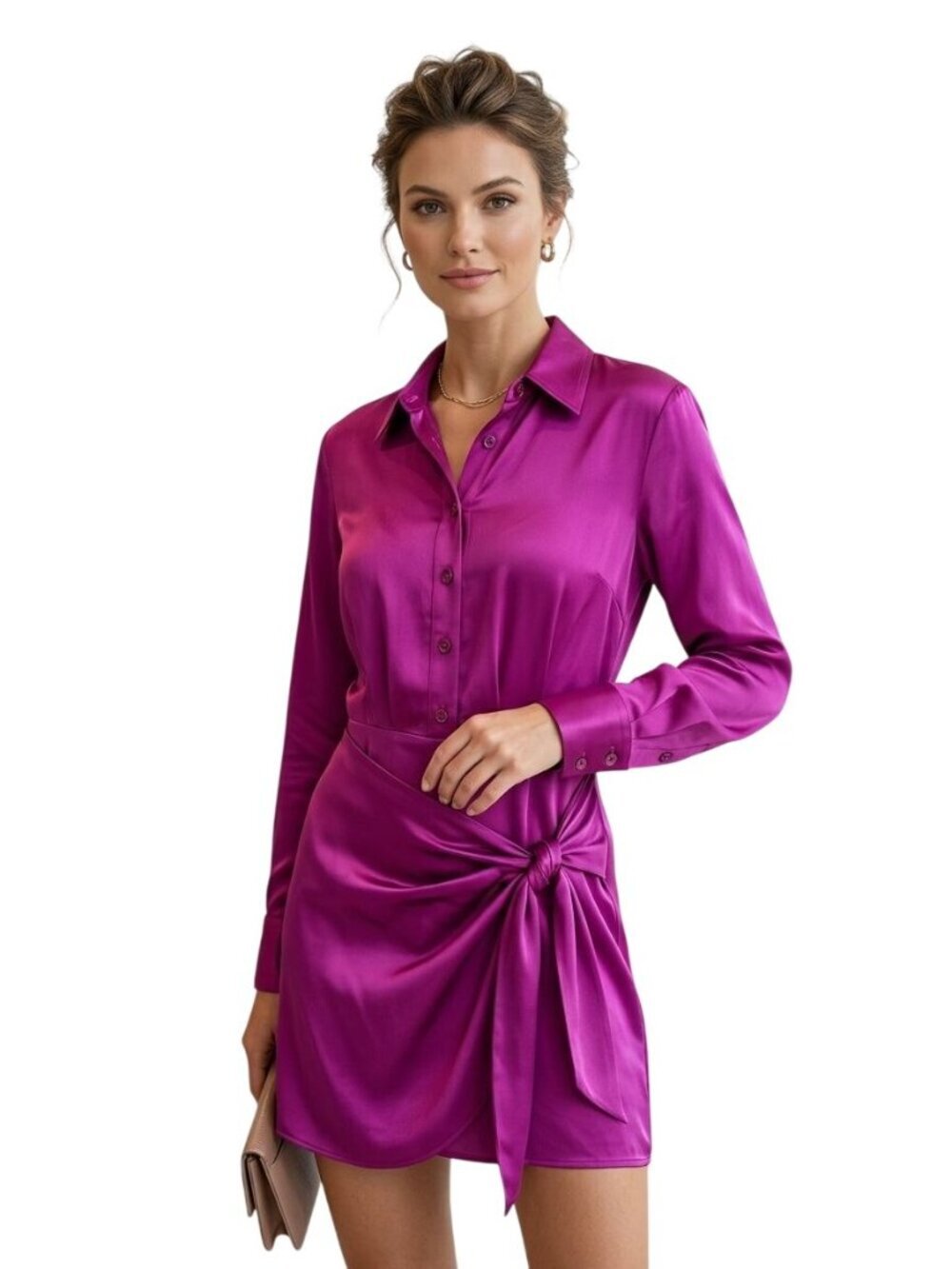 Nanette Lepore 100% Silk Magenta Satin Faux Wrap Shirt Mini Dress Size 2